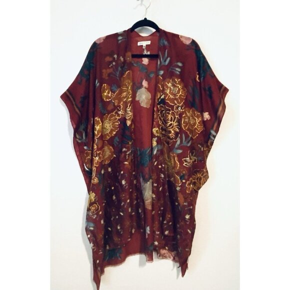 Woven Heart Kimono Top Womens One Size Red Floral Gold Metallic Fringe Boho - Picture 1 of 9